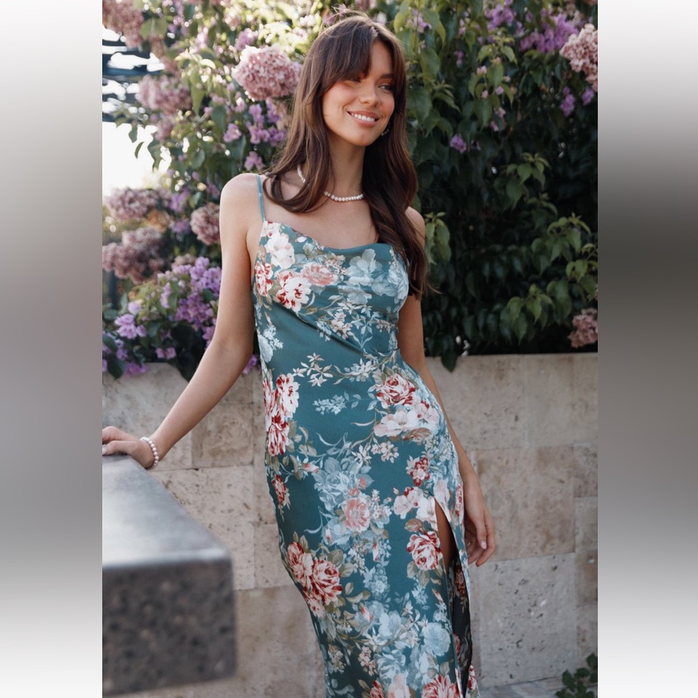 Floral Satin Midi Dress with Side Slit